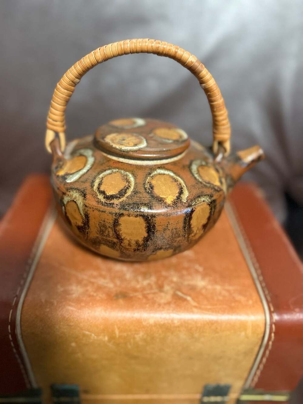 Vintage Japanese Ceramic Hand Decorated Folkware Teapot with Rattan Handle